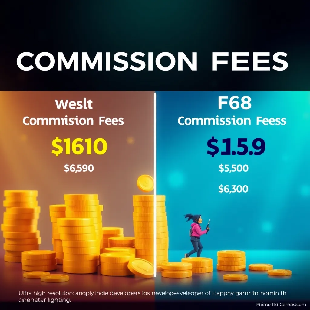 An infographic depicting a comparison of commission fees for different online game stores. Highlight lower fees on one side, showing happy indie developers and stacks of coins. Use vibrant colors and engaging illustrations to represent financial growth.