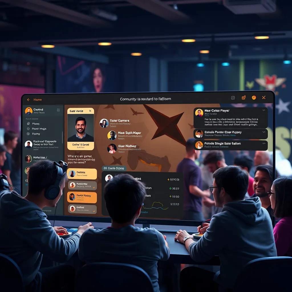 An inviting, photorealistic depiction of an online community platform where gamers interact. Features include player profiles, chat windows, and a rewards dashboard. The background shows diverse gamers engaging in conversation and sharing experiences, promoting a sense of connection.
