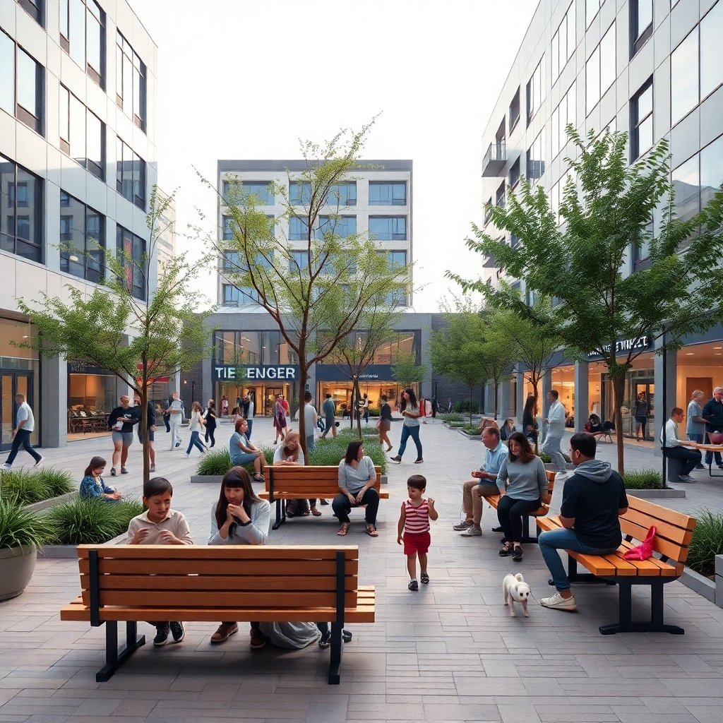 An inviting community space in a modern business park, people socializing and collaborating outdoors, children playing, and residents interacting in a friendly environment. Include modern benches, trees, and small shops in the background.