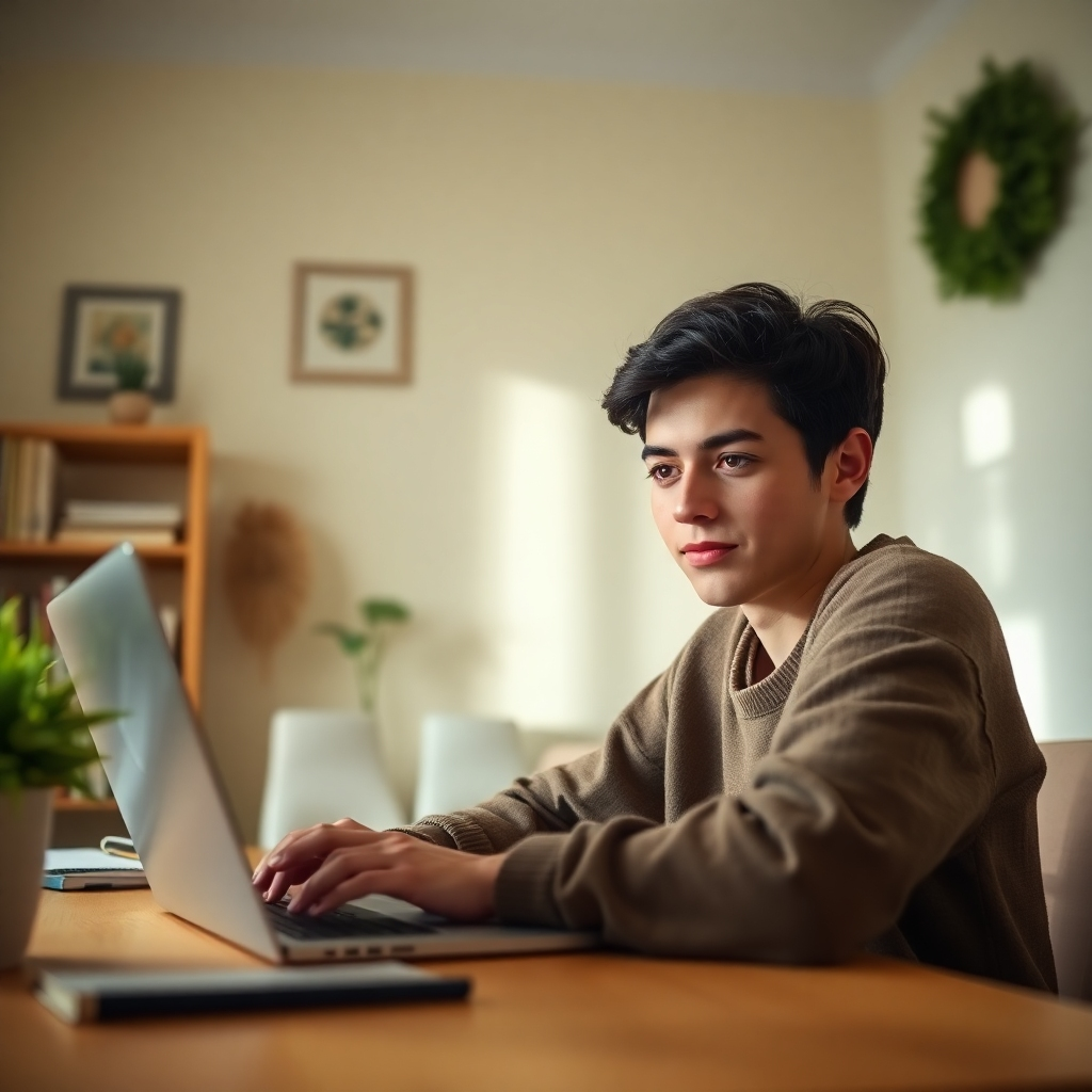 An inviting image of a person engaging with an online course on a laptop at a cozy home office. The atmosphere is peaceful, with soft light illuminating the space. The color palette blends warm beiges and greens for a homey feel. The camera angle focuses on the individual's face expressing concentration and interest, emphasizing the connection to knowledge. Textures include the surface of the desk and delicate decor, creating an intimate learning environment.