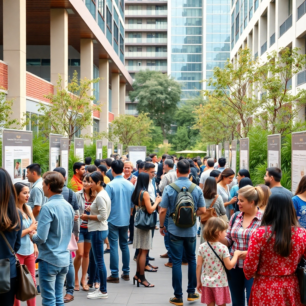 An inviting scene of a community gathering within the business park, featuring diverse professionals and families engaging in networking. There are booths, informational banners, and a backdrop of modern architecture and greenery.