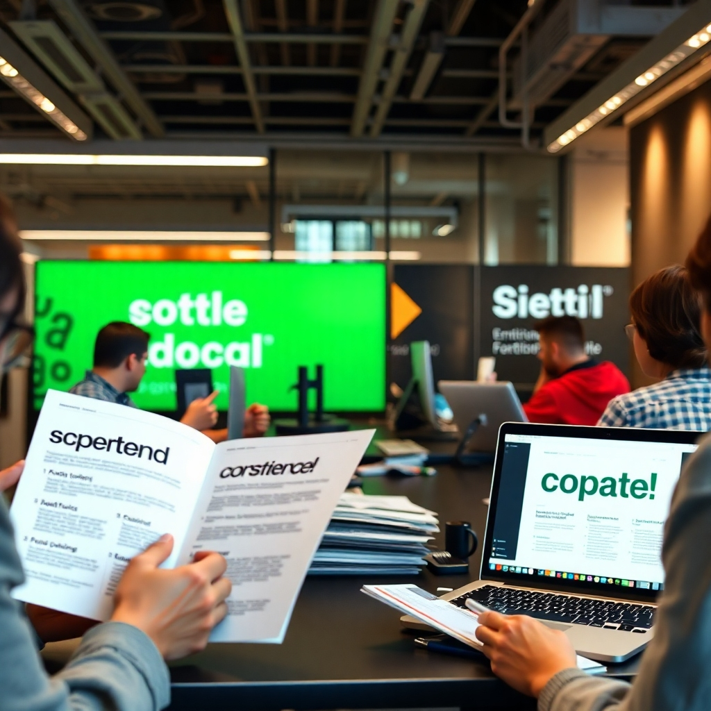 An office environment where branding elements such as brochures and website interfaces showcase consistent font usage; the scene includes people engaging with these materials, with a focus on maintaining a cohesive visual brand identity.
