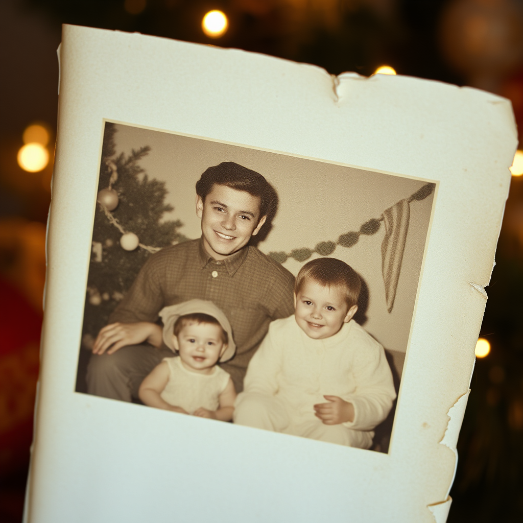An old, slightly faded Christmas photograph is displayed, with a speech bubble emanating from one of the figures in the photo, showcasing the talkingphotos.ai technology. Warm, nostalgic lighting enhances the vintage feel. Technical specs: 4K resolution, enhanced detail to preserve the original photo's texture.