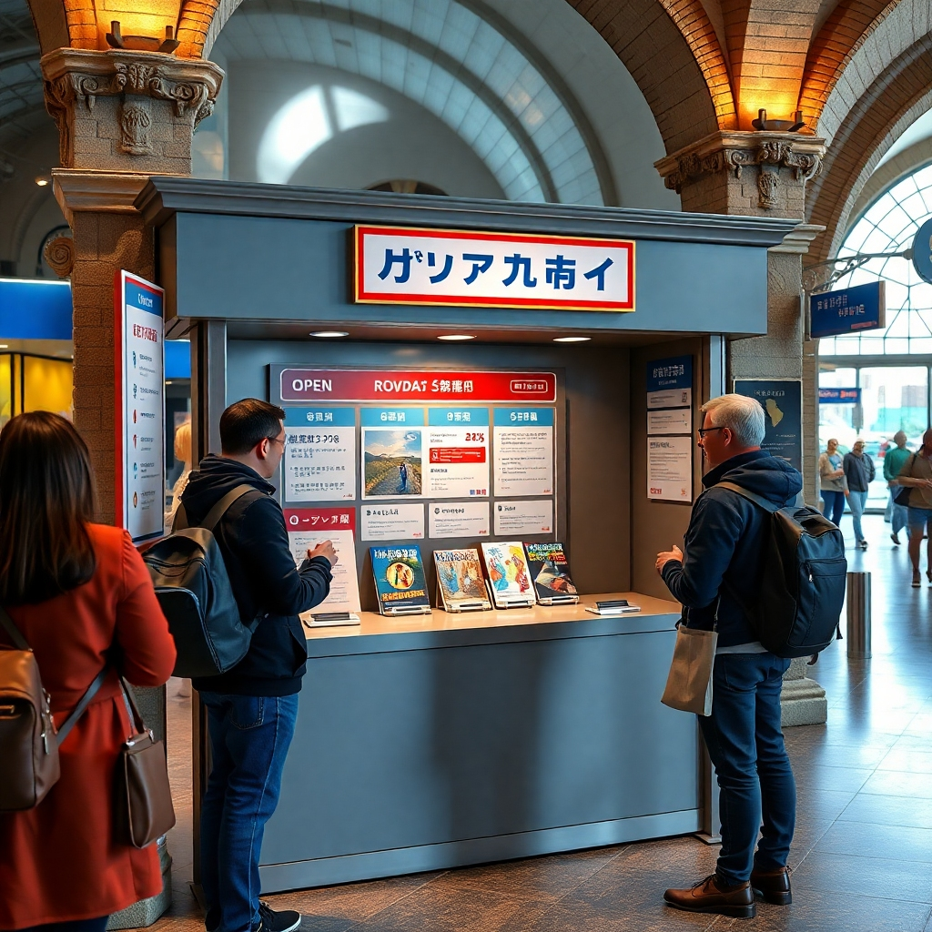 An open information stand in a public area of Rovdas with multilingual signs and brochures. A friendly staff member assists visitors of diverse backgrounds, showcasing ease of communication and comprehension in a community-centric environment.