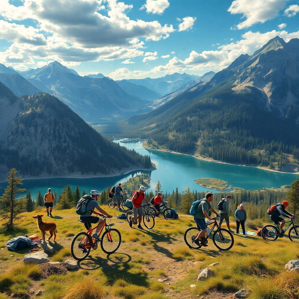 An outdoor scene depicting people engaged in various recreational activities such as hiking, biking, and playing sports. Surround them with stunning natural landscapes, including mountains, forests, and lakes, to illustrate the beauty and recreational opportunities available in Rovdas.