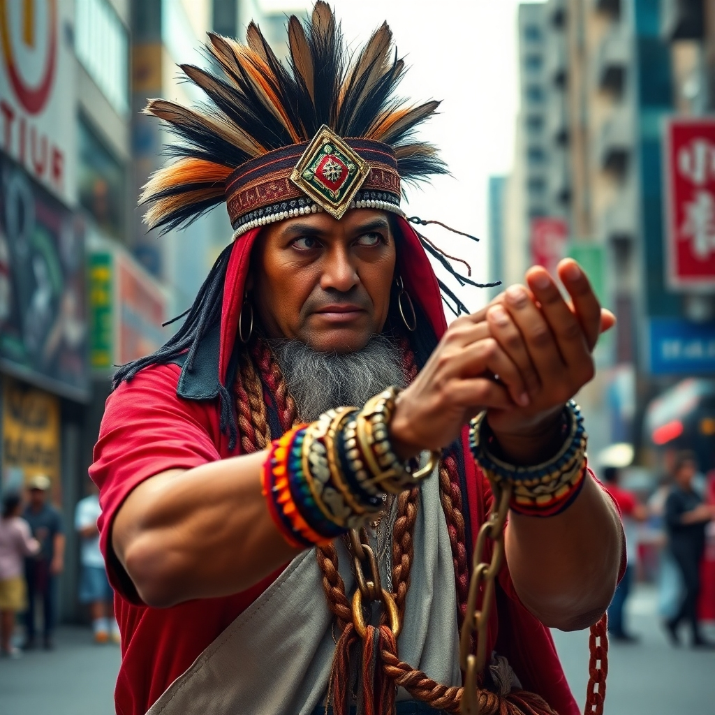 Chain to a striking image of a modern shaman performing a ritual in a vibrant, urban setting. The contrast of traditional attire against contemporary backgrounds creates a compelling narrative. The scene should be filled with rich colors and dynamic energy, showcasing the connection between ancient practices and modern life. Aim for a hyperrealistic presentation in 8K resolution to enhance every detail from the shaman's expressions to the surrounding cityscape.