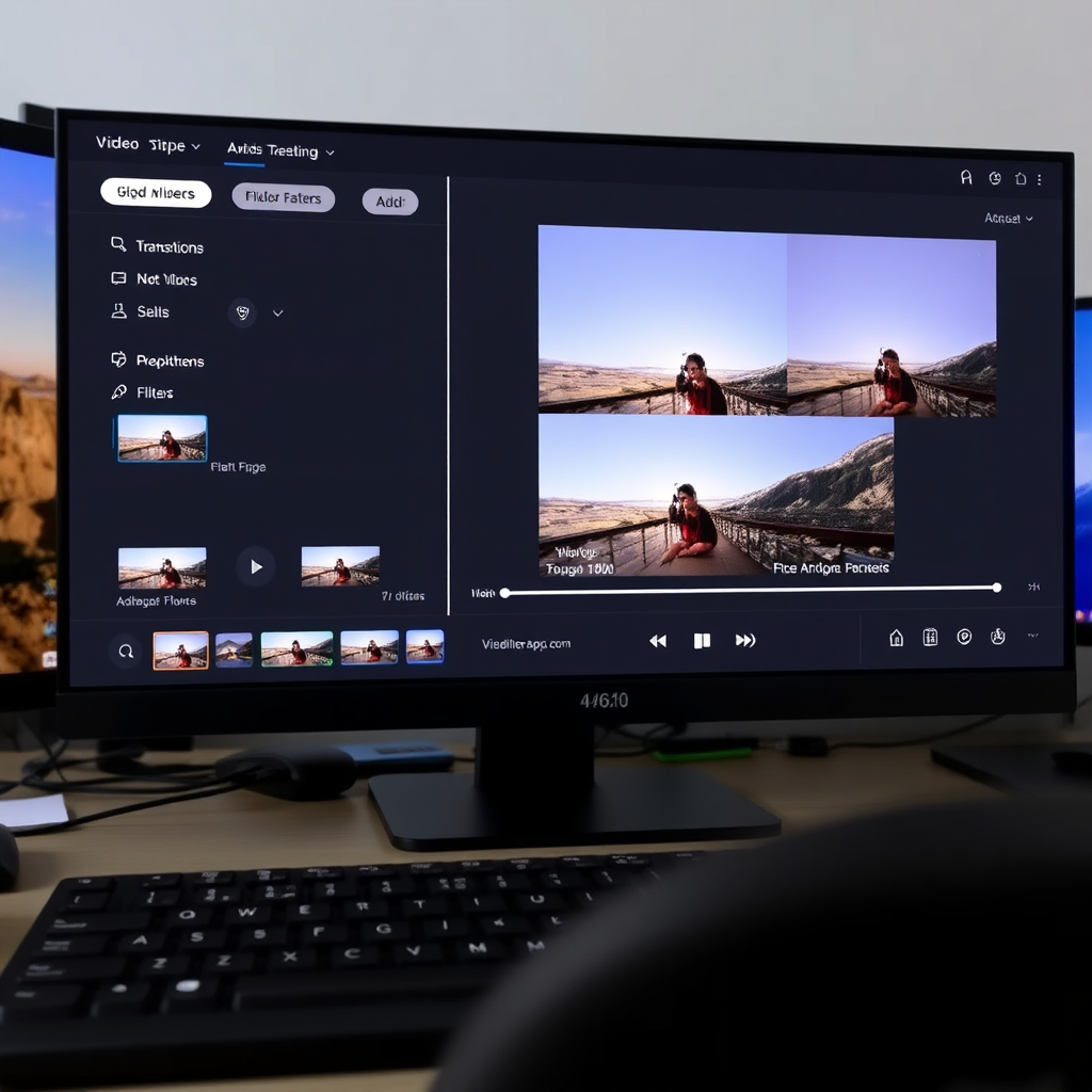 Clean and modern interface of the videditorapp.com, showing various video editing functions like trimming, adding transitions, and applying filters. Keyboards, mouse, and monitors are visible in the background. Technical specs: 4K resolution, high detail.