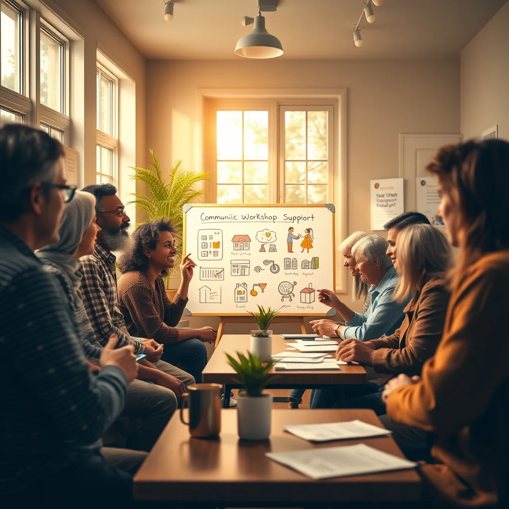 Create a high-resolution image of a community workshop in a cozy, welcoming environment. Central composition includes a diverse group of people—men and women of varying ages—engaged in a lively discussion. The workshop setting features a whiteboard with illustrations of economic benefits and local business icons. Soft, warm, diffused lighting with a natural daylight effect coming through large windows creates an inviting atmosphere. The color palette is warm and natural with hints of green from indoor plants. Capture the scene from a slightly elevated angle to include as many participants as possible, ensuring the depth of the room is visible. Textures include wooden tables, soft fabrics for chairs, and paper materials scattered around. Background elements should feature educational posters about community support. Style reference: in the style of a documentary photographer capturing community events. Technical specifications: 8K resolution, hyperrealistic, ultra-detailed.