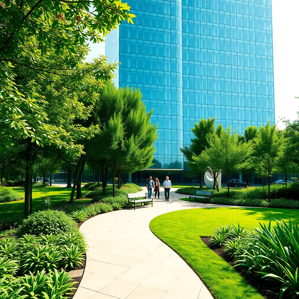 Create a highly detailed, photorealistic image showcasing a modern business park, featuring a sleek glass building surrounded by lush green landscapes. The foreground should include pathways winding through vibrant gardens. Use dramatic side lighting to highlight the textures of the building and greenery, while creating soft shadows. The color palette should consist of deep greens and blues to convey a sense of tranquillity and professionalism, with hints of bright yellow for energy. Position the camera angle low to the ground for a unique perspective that emphasizes the building’s height and grandeur. Incorporate elements like people walking and networking, working outdoors, and enjoying the atmosphere. Include modern benches and outdoor art installations in the background for added context. Style the image in the high-resolution quality of contemporary urban photography, aiming for 8K resolution with ultra-detailed textures.