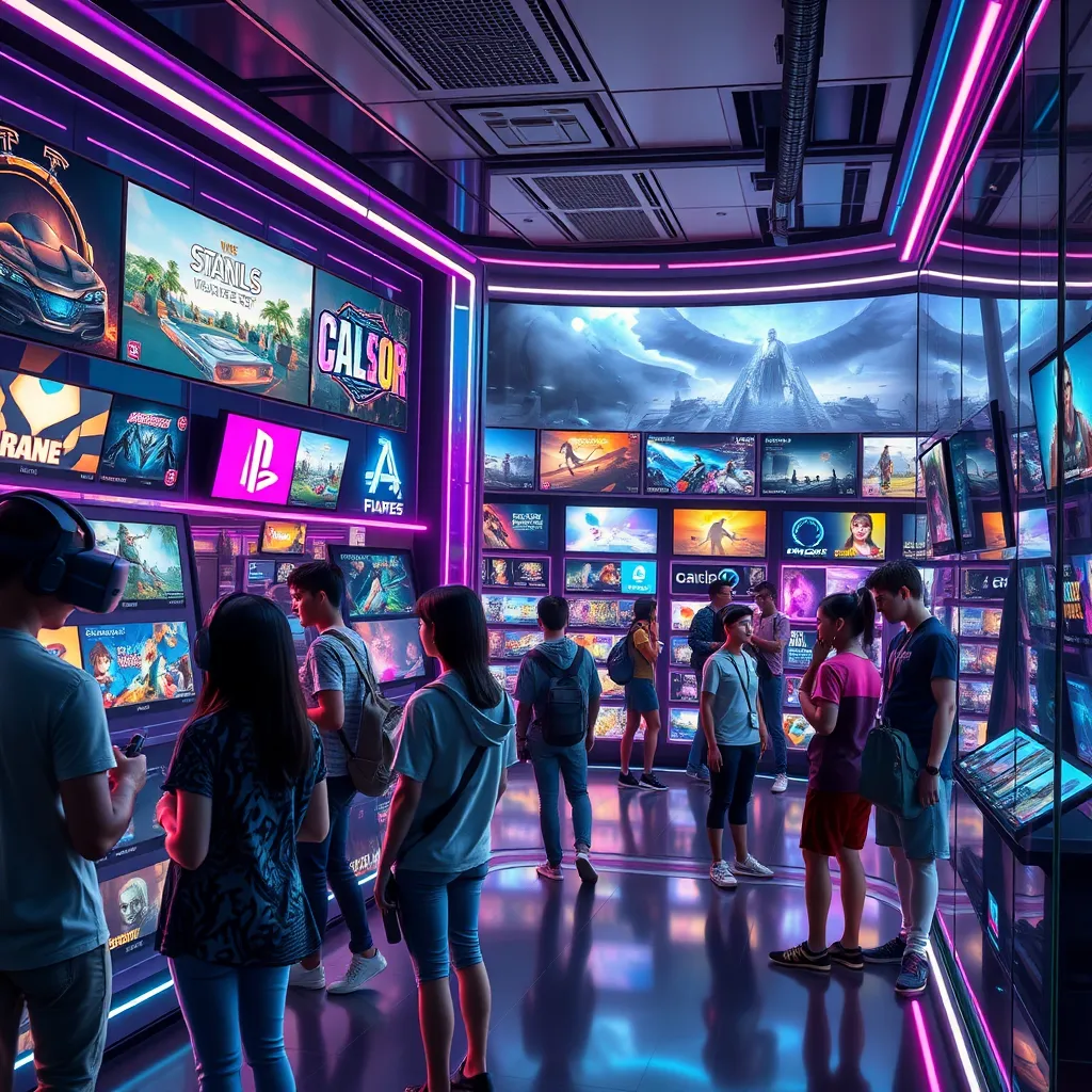 Create a photorealistic, ultra-high quality header image that showcases a futuristic online gaming marketplace. The composition should feature a sleek, digital storefront bustling with gamers exploring a variety of indie, retro, and VR game titles. Use dynamic lighting to emphasize the vibrancy of the digital games display, with glowing neon accents in a palette of blues, purples, and greens to evoke a sense of excitement and mystery. The image should be shot from a slightly elevated angle, giving a bird's-eye view of the storefront while focusing on diverse characters engaging with the games and each other, reflecting a sense of community. Include textures like smooth glass and metallic surfaces for the storefront and organic, varied designs for the characters' outfits. In the background, include a blend of digital screens showcasing game artwork and player profiles, along with hints of virtual reality elements like headsets and motion controllers. Style references should draw from high-detail digital art and modern gaming aesthetics, aiming for an 8K resolution and hyperrealistic quality., ultra high resolution, photorealistic, 8K, hyperdetailed, cinematic lighting