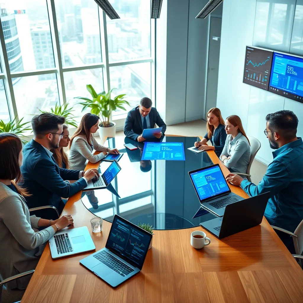 Create a photorealistic, ultra-high quality header image showcasing a diverse group of entrepreneurs collaborating around a sleek, futuristic workspace. The composition should feature a modern conference table with digital devices displaying the BizPlanPilot interface. Lighting conditions should be bright and airy, suggesting an inspiring office environment with large windows letting in natural light. The color palette should be vibrant yet professional, incorporating blues and greens to convey innovation and growth. Use a camera angle slightly above eye level to provide a dynamic perspective of teamwork and engagement. The textures of wood and glass in the workspace should be detailed, enhancing the modern aesthetic. Include environmental elements such as potted plants and wall-mounted monitors displaying business metrics. Props like notepads, a coffee cup, and a laptop should be included to create a lively, realistic atmosphere. Style references could draw inspiration from contemporary tech office design. Technical specifications: '8K resolution', 'hyperrealistic'., ultra high resolution, photorealistic, 8K, hyperdetailed, cinematic lighting