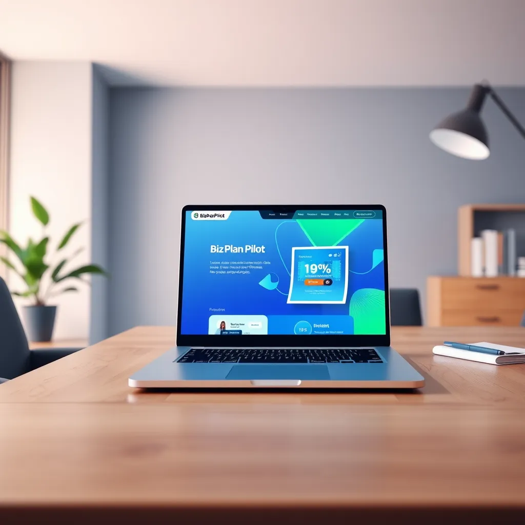Create a photorealistic image showcasing a sleek, modern office workspace with a laptop displaying the BizPlanPilot homepage. The laptop screen should show an engaging design with vibrant colors and user interface dynamics. Soft diffused lighting should illuminate the workspace, creating a professional yet inviting atmosphere. The color palette should include blues and greens, reflecting innovation and trust. A clean wooden desk should have subtle textures, with a plant and business books in the background to represent growth and knowledge. Consider a camera angle that captures both the laptop and the surrounding environment, emphasizing the fusion of technology and business. This image should be in the style of contemporary product photography, rendered in 8K resolution with hyperrealistic details.