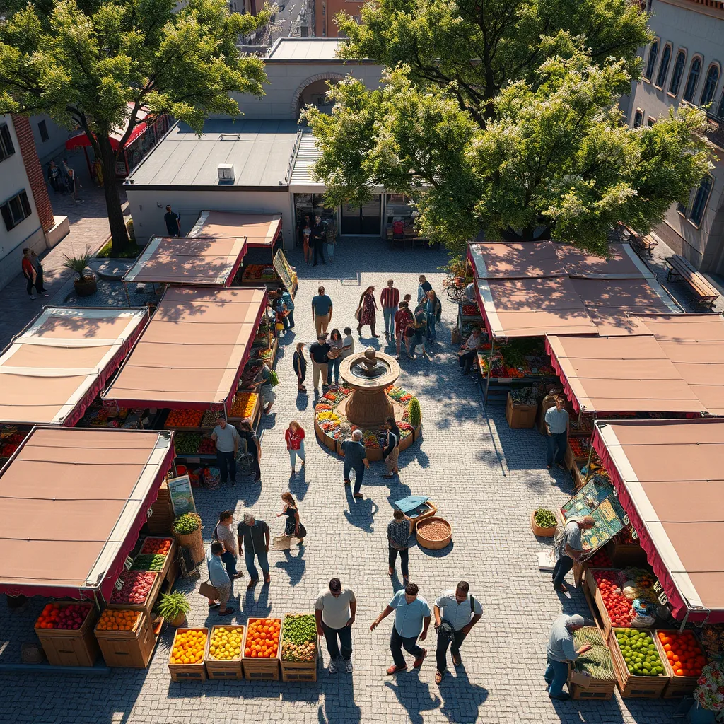 Create an ultra-high quality, photorealistic image of a bustling local market day in a community square. The scene features multiple stalls selling a variety of local goods like fresh produce, handmade crafts, and artisanal foods. The composition is busy but balanced, with vibrant market stalls arranged in a semi-circle around a central open space where people are mingling and interacting. Lighting is bright and sunny, casting soft shadows that enhance the textures of the stalls and products. The color palette includes rich, saturated colors from fruits, vegetables, and handcrafted items. Capture the scene from a slightly elevated angle, ensuring a panoramic view of the entire market. Texture details include wooden stalls, fabric canopies, and cobblestone pathways. Environmental elements like trees, park benches, and a nearby fountain add to the community feel. Style reference: in the style of a vibrant market scene painting. Technical specifications: 8K resolution, hyperrealistic, ultra-detailed.