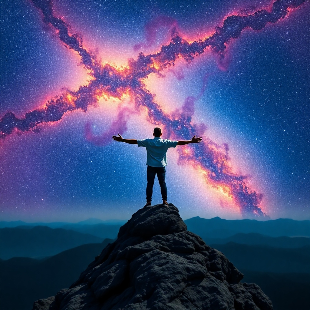 Depict a figure standing atop a mountain, arms wide open as they embrace the vastness of the universe, with galaxies and stars visible in the night sky. The scene should radiate a sense of freedom and limitless potential, blending vivid cosmic colors with the serene landscape. Use 8K hyperrealistic quality to capture the wonder and awe of the cosmos, invoking a sense of connection with everything around us.