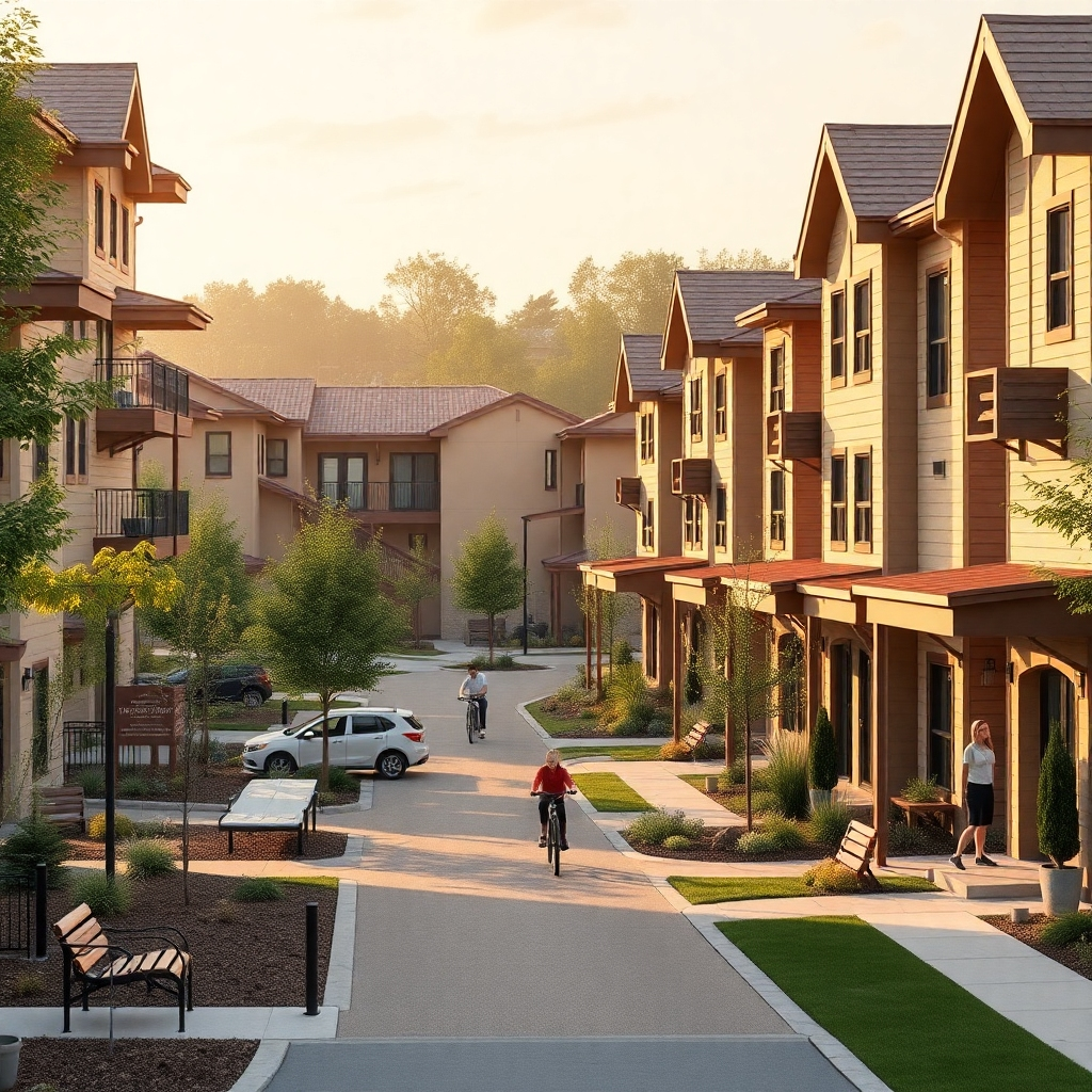 Design a photorealistic image capturing a vibrant housing community in Rovdas, featuring a mix of stylish townhouses and single-family homes. The scene should be set in the late afternoon with soft diffused lighting, allowing warm sunlight to bathe the homes in a golden glow. The color palette should include earthy tones of beige and terracotta with pops of green from surrounding trees and gardens. Use a perspective that captures the street view, inviting the observer into the neighborhood. Include families enjoying outdoor activities like kids playing in a nearby playground, and people interacting on their porches. Architectural details should be highly defined, showcasing quality materials like wood and stone. Add elements like bike paths and benches to enhance the community feel. Aim for hyperrealistic quality in the image, targeting 8K resolution for ultimate detail.