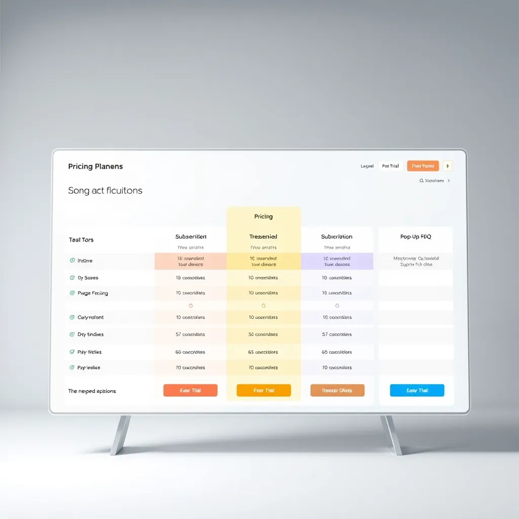 Design a striking image of a web page showcasing BizPlanPilot’s pricing plans. The layout should feature a comparison table with vibrant colors differentiating each subscription tier. Soft diffused lighting should enhance the visual appeal, creating a sense of transparency and ease of understanding. The background should have a subtle gradient, transitioning from light blue to white, evoking a sense of calm and trust. Include interactive elements like buttons for a free trial and pop-up FAQs that appear stylish and modern. Texture should be clean and digital, with a focus on clarity and accessibility. Capture this design from a straight-on perspective to emphasize the importance of user-friendly navigation. Render the image in hyperrealistic detail and 8K resolution for maximum fidelity.