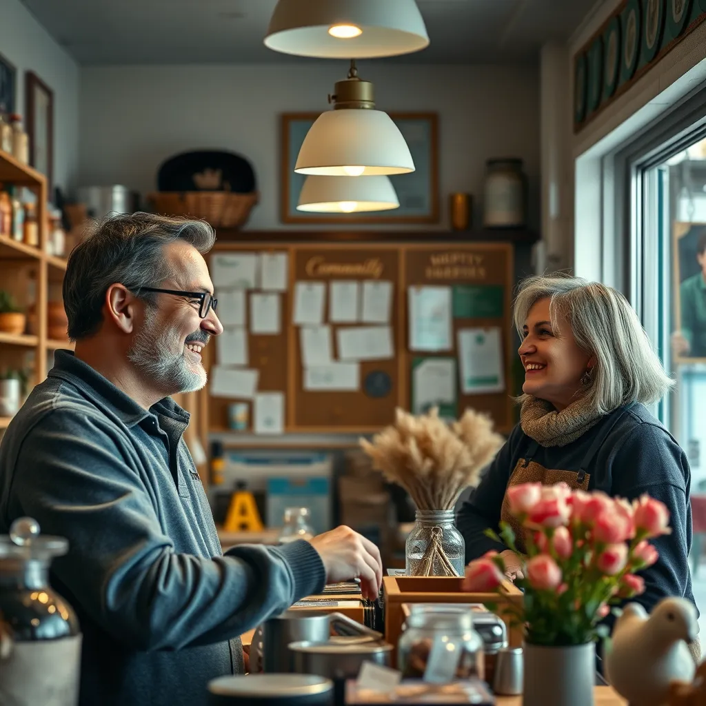 Detailed, high-resolution image of a cozy small business setting, showing a happy family-run store with smiling owners and customers engaging. The store should look welcoming, with locally-made products on display and a community bulletin board in the background.