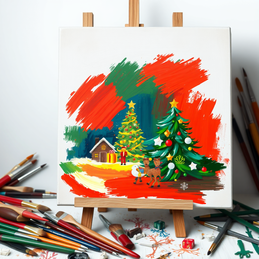 Digital painting that shows a canvas with vibrant brushstrokes forming a Christmas scene. The background should have scattered brushes and palettes. The style will be modern, impressionistic. Technical specs: 4k resolution, high detail.