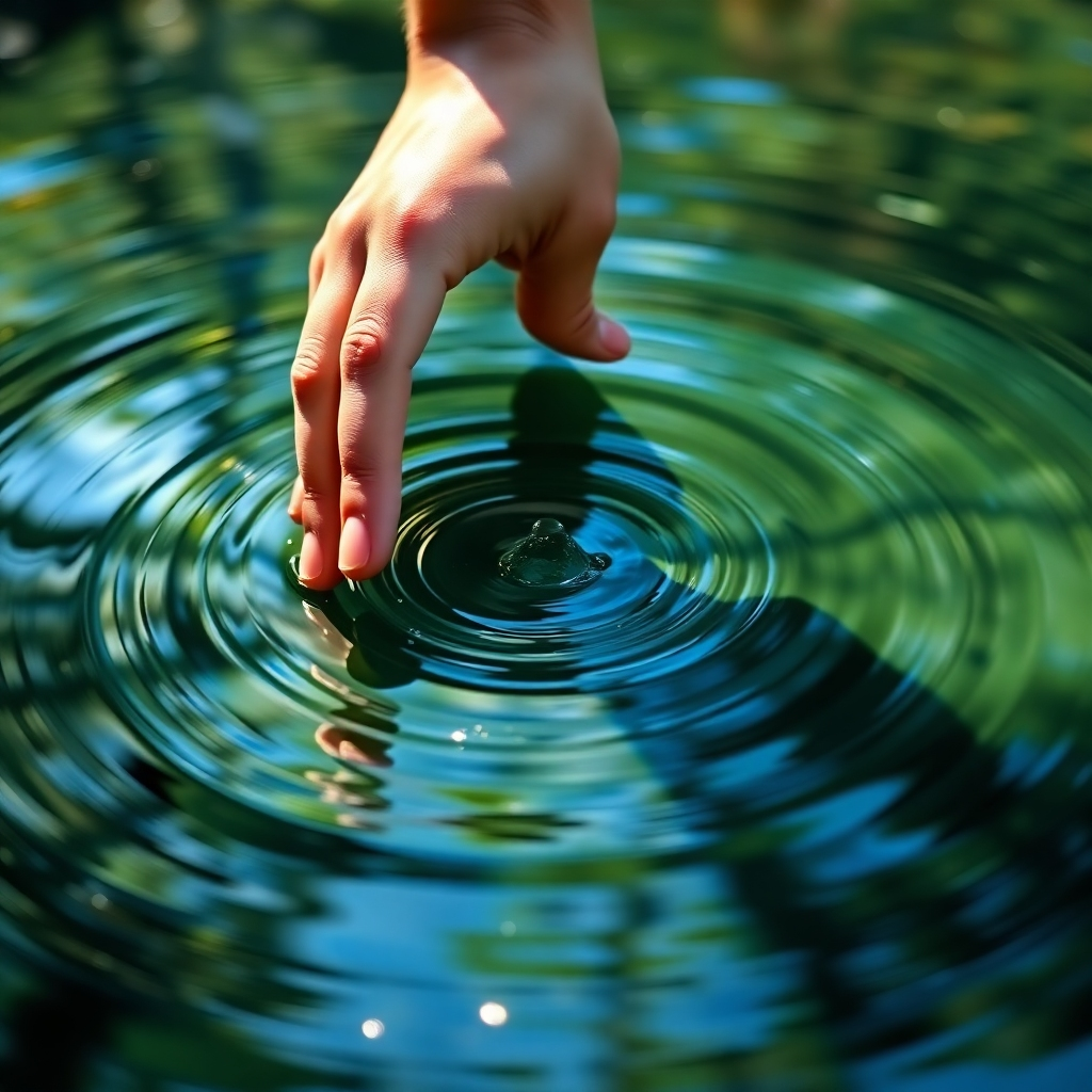 Envision a close-up of a person’s hand gently touching the surface of water, creating ripples that spread outwards, symbolizing intuition and interconnectedness. The light should play off the water’s surface, showcasing vibrant blues and greens, with reflections of nature surrounding it. Aim for a hyperrealistic depiction at 8K resolution, capturing every detail of the water's movement and the tranquil expression on the person's face.