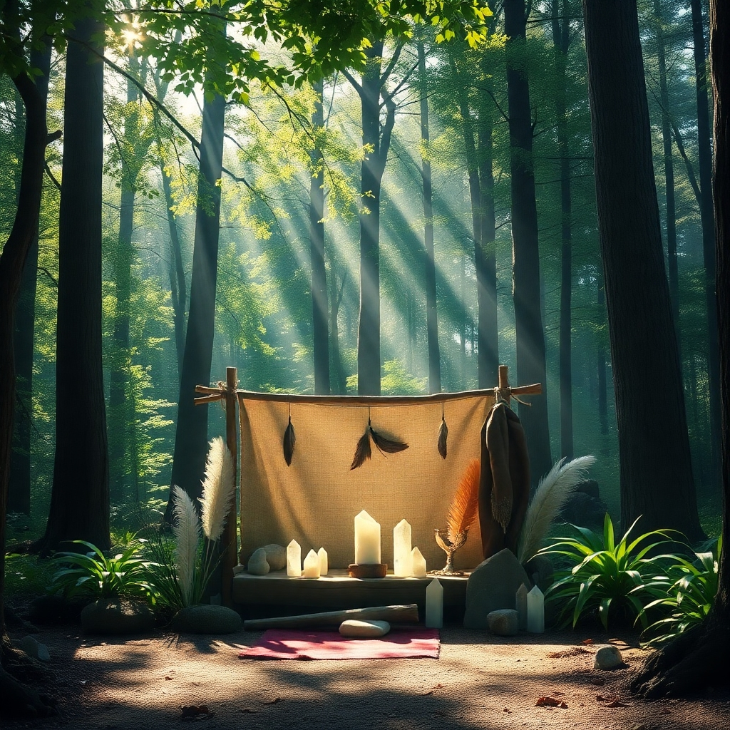 Envision a rustic altar set in the heart of a thriving forest, adorned with crystals, natural elements like feathers and stones, and surrounded by tall trees. Sunlight streams through the leaves, casting intricate shadows on the altar. The atmosphere is enriched with a sense of sacredness and communion with nature. Capture this scene in hyperrealism and 8K resolution, highlighting the textures of the natural materials and the interplay of light.