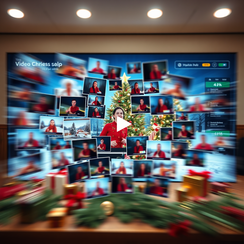 Fast-motion render of video clips assembling themselves to form a Christmas video. UI elements are present in the background, showcasing videoexpress.ai's interface. The design is sleek, high tech, and modern. Technical specs: 4k resolution, high detail.
