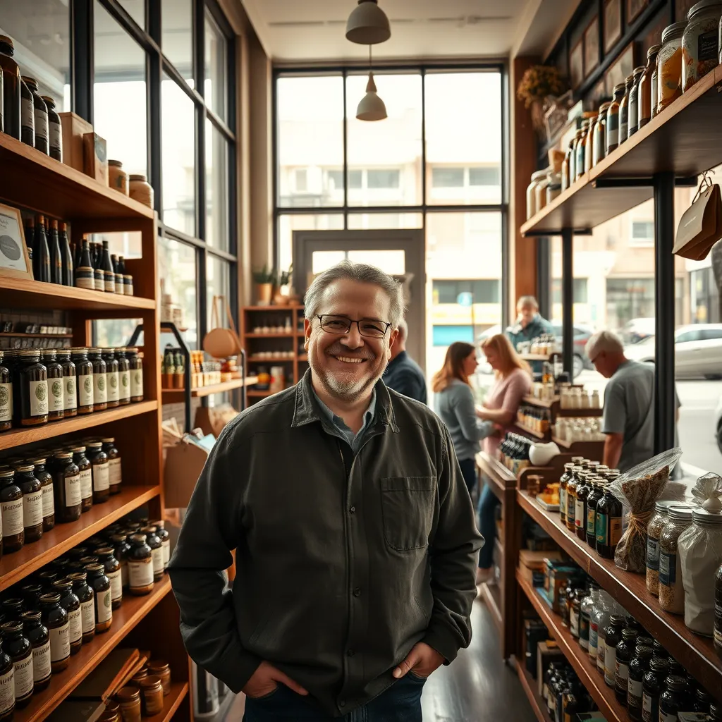 Generate a photorealistic depiction of a successful local business owner in their thriving store. Central subject is a smiling business owner, standing confidently next to well-organized shelves filled with unique, locally-made products. The scene is bathed in soft, diffused natural light from large storefront windows, creating a warm, inviting ambiance. The color palette consists of earthy tones with splashes of vibrant colors from the products. The camera angle is eye-level to establish a personal connection with the viewer, capturing detailed textures of wood shelving, product packaging, and the business owner's attire. Environmental elements include a few loyal customers browsing the store and street views through the windows, hinting at the local community outside. Style reference: in the style of lifestyle photography that emphasizes personal connection and detailed surroundings. Technical specifications: 8K resolution, hyperrealistic, ultra-detailed.