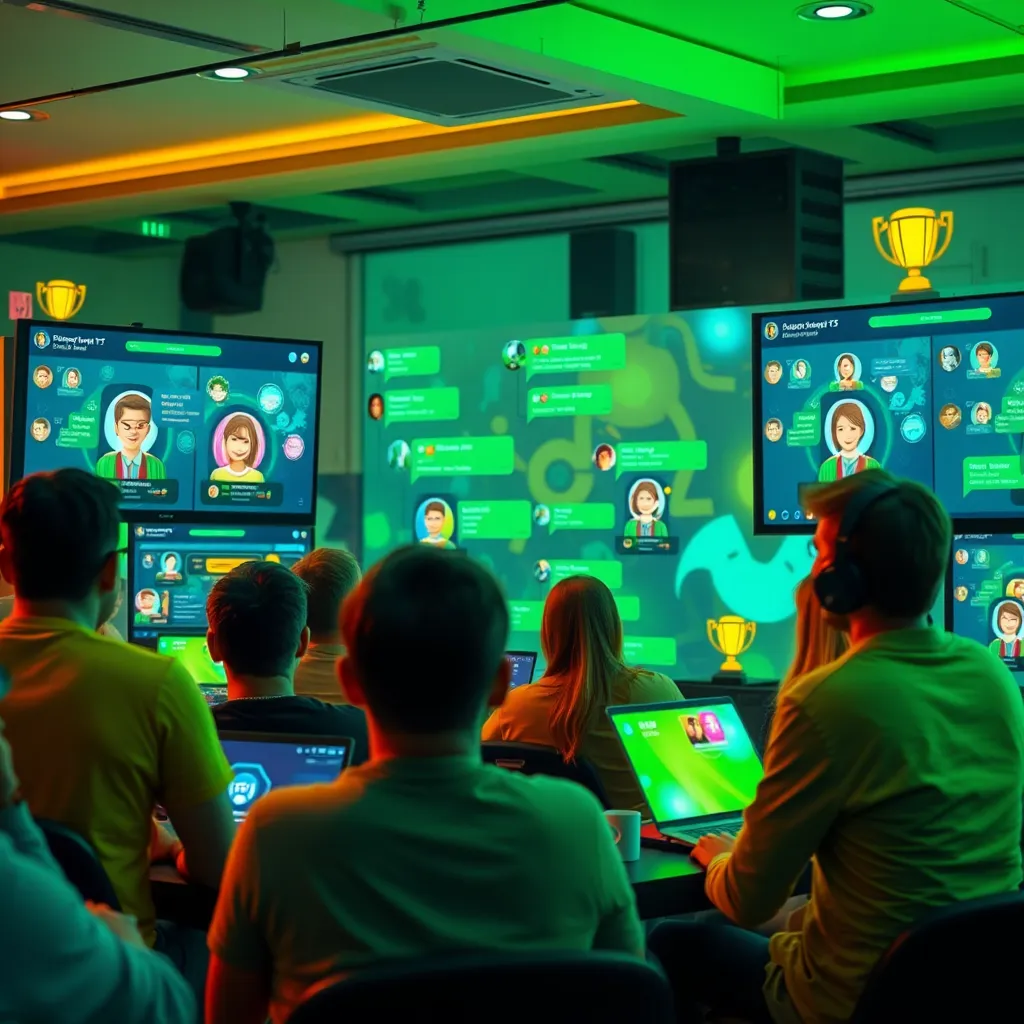 Generate an engaging scene depicting an online community of gamers interacting through a chat interface. Use ambient lighting to create a lively yet comfortable environment. Capture multiple screens showing gamers’ profiles and discussions, with avatars and emoticons enhancing the interactive feel. The color palette should be bright and cheerful, filled with greens and yellows to represent positivity and engagement. Integrate elements such as gaming trophies and badges on users' profiles to signify achievements. The perspective is wide, showcasing a digital space where players feel connected. Include environmental details like animated backgrounds or playful graphics reminiscent of a gaming convention atmosphere. Focus on a vibrant and engaging style, rendered in ultra-detailed 8K resolution.