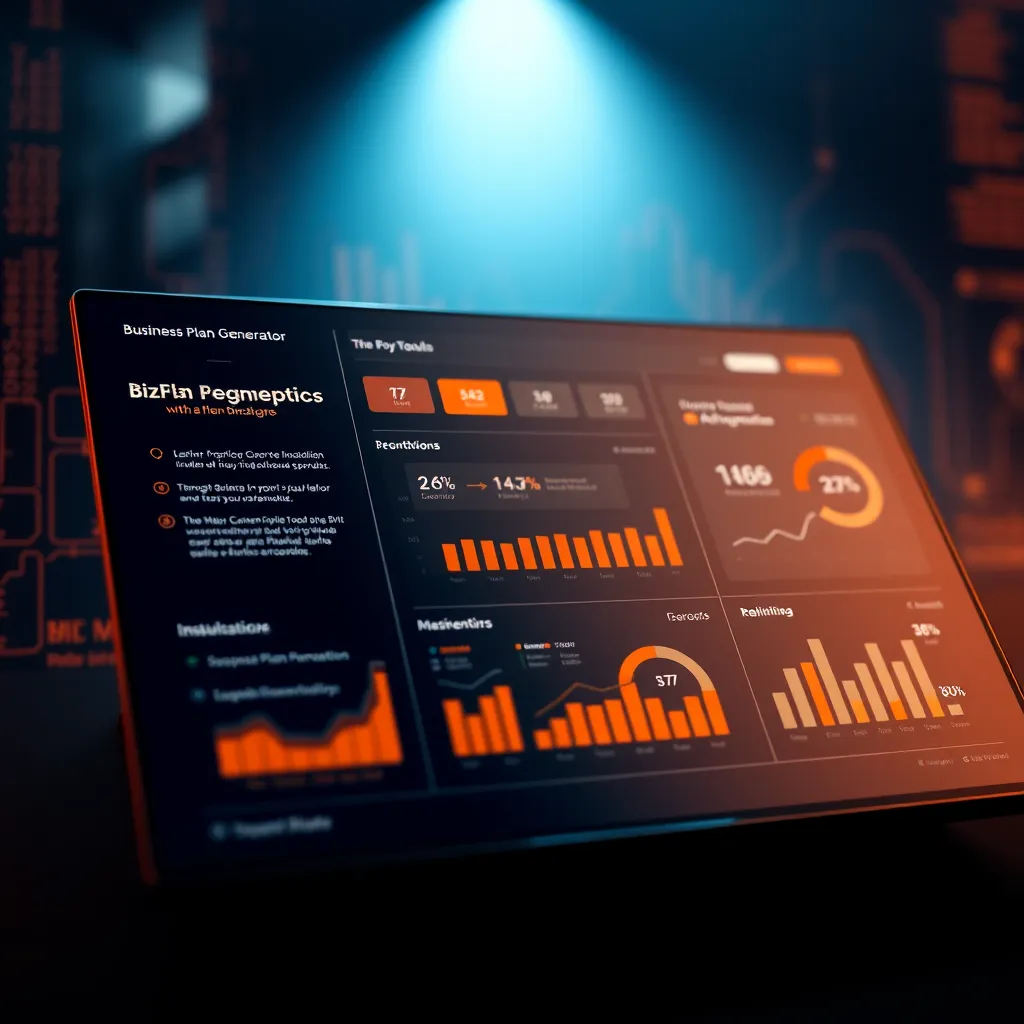Generate an ultra-detailed image of a digital infographic highlighting the key features of BizPlanPilot. Incorporate engaging visuals of tools like a business plan generator and AI recommendations presented on a dynamic, colorful dashboard. Use dramatic side lighting to create depth, with a color palette featuring warm oranges and cool grays to convey innovation and reliability. The infographic should be created in a clean, modern design style, with clear icons and data visualizations. Include texture elements such as a subtle digital grid in the background to suggest connectivity and technology. Capture this scene from a slight overhead perspective for maximum impact. The final image should be in 8K resolution, ensuring clarity and detail.