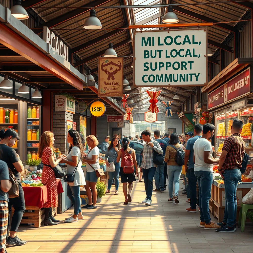 High-quality, photorealistic image of a vibrant local market with diverse people interacting joyfully, local shops with colorful displays, and a sign promoting 'Buy Local, Support Community'. The scene should capture a strong sense of community and economic activity.