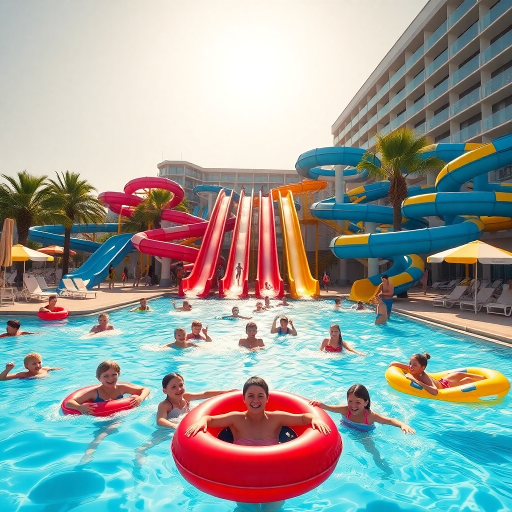 Illustrate a high-energy, photorealistic scene of a family-friendly water park in Rovdas, bustling with delighted families and children splashing around in pools. Capture the scene under bright, cheerful lighting, emphasizing the vibrant colors of the water slides, which should be in shades of blue, red, and yellow. The perspective should be slightly elevated, allowing views of the expansive water attractions in the foreground with happy people enjoying various activities, such as swimming, lounging on sunbeds, and children playing in the splash zones. Incorporate details like inflatable toys, palm trees, and deck chairs to enhance the summer atmosphere. The background should feature modern architecture that provides a stunning contrast against the playful environment. Aim for ultra-detailed, hyperrealistic quality, targeting 8K resolution to capture every joyful moment perfectly.