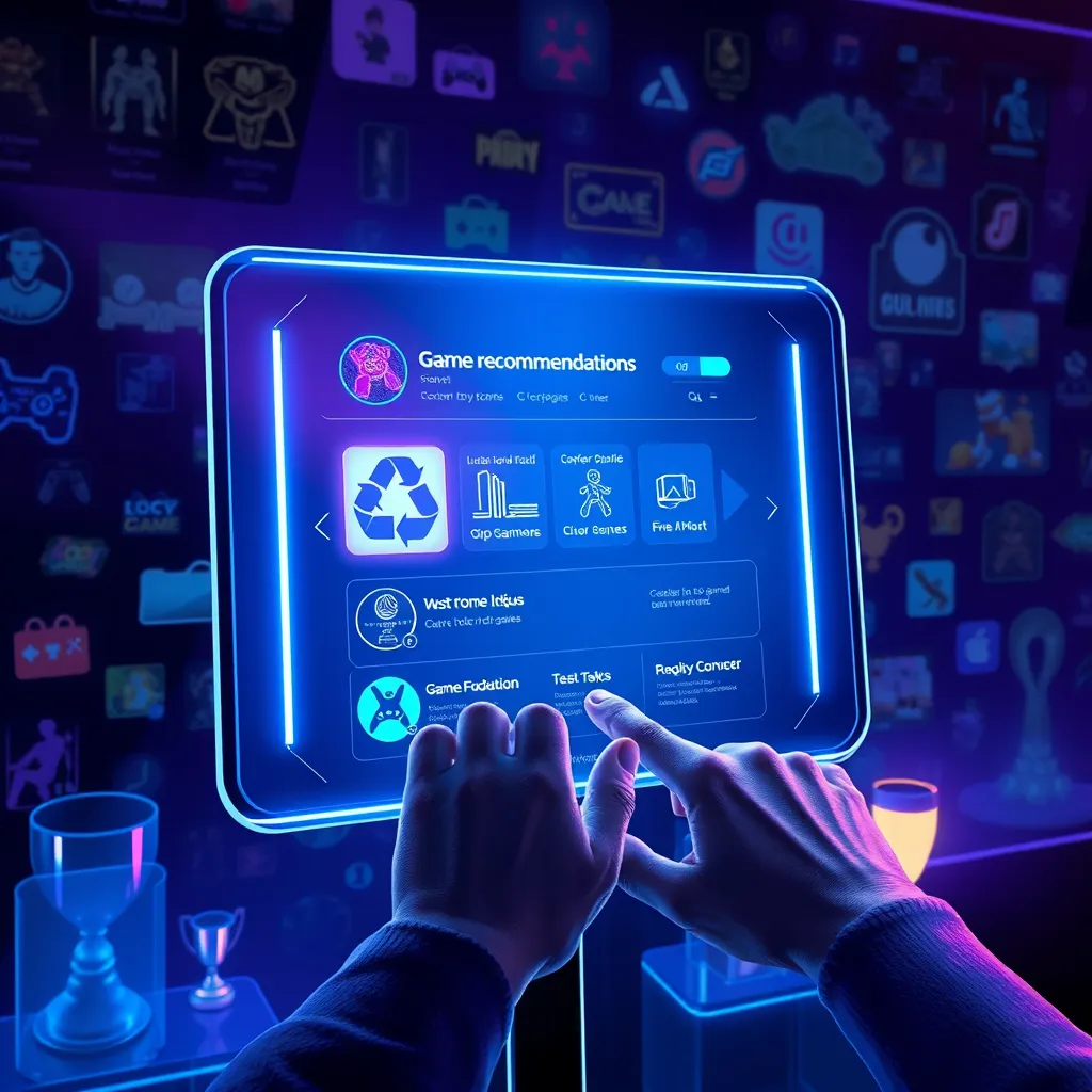 Illustrate a user interface displaying personalized game recommendations based on user preferences. Use dramatic side lighting to highlight the glowing screen against a darker, ambient backdrop filled with various gaming icons. The composition should include a hand reaching towards the screen, suggesting interaction. The color palette should be futuristic with blues and purples, invoking a sense of advanced technology. Add texture to the screen to make it appear sleek and modern. The surrounding environment features futuristic elements like holographic displays and game trophies, enhancing the tech-savvy feel. Employ a visually striking style reminiscent of sci-fi movies, presented in hyperrealistic detail at 8K resolution.
