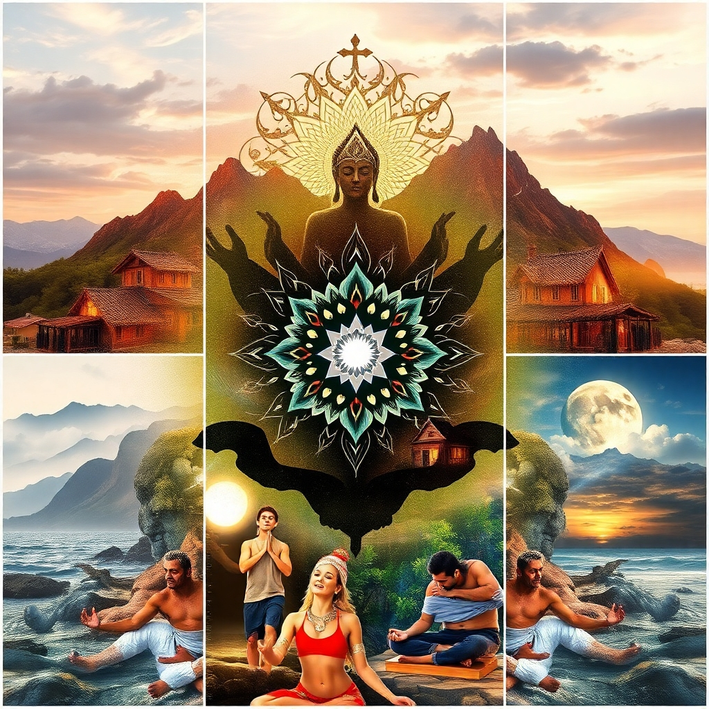 Imagine a collage of images merging traditional shamanic symbols with contemporary wellness practices, such as yoga and mindfulness. The imagery should blend textures, colors, and patterns representing both worlds, invoking a sense of harmony and balance. The overall visual should be vibrant and engaging, crafted in hyperrealistic detail with 8K resolution, reflecting the fusion of past and present.