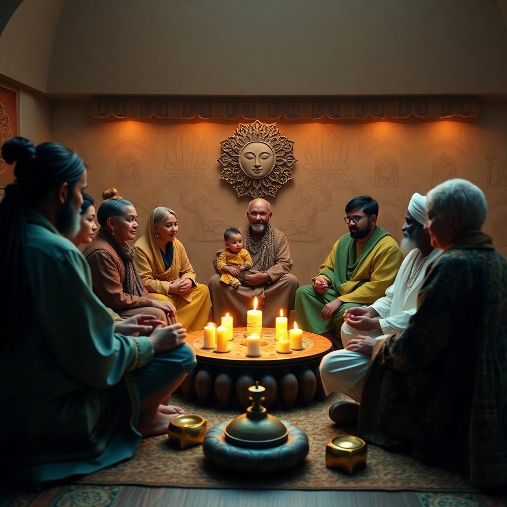 Imagine a gathering of diverse individuals sitting in a circle, engaged in a spiritual dialogue. They are surrounded by artifacts from different cultures that symbolize unity, peace, and shared wisdom. Soft, ambient lighting creates a warm and inviting atmosphere, and the image should reflect inclusivity and harmony, rendered in hyperrealistic detail with 8K resolution to capture the essence of connectedness.