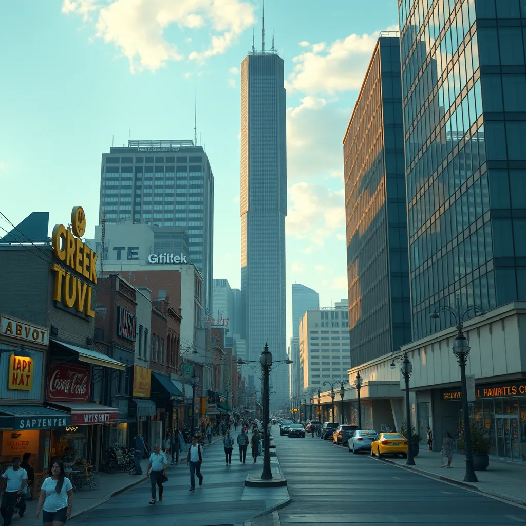Photorealistic image depicting a split scene: one side shows a busy local community with small businesses thriving, and the other side shows large, faceless global corporate buildings. The contrast should emphasize the vibrancy and personalized nature of local economies versus the uniformity of global corporate economies.
