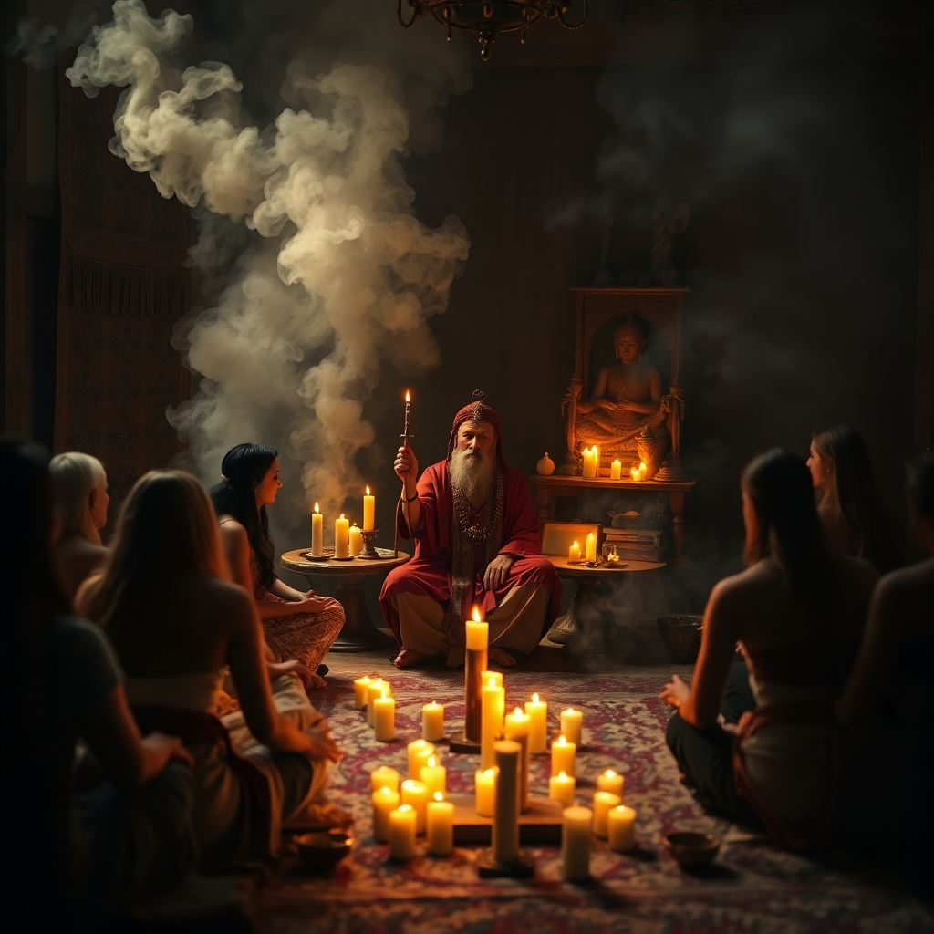 Visualize a candlelit space where a shaman is guiding a healing ritual. The room is filled with incense smoke and spiritual artifacts, and participants are seated in a circle, embodying unity. Soft, warm light enhances the sacred atmosphere. Capture the intricate details of the shaman's movements and the participants’ focused expressions in a hyperrealistic style at 8K resolution. This image should communicate the profound energy of healing.