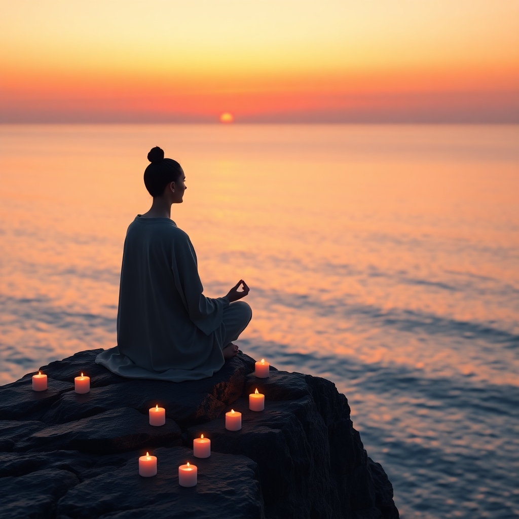 Visualize a serene figure meditating on a rocky cliff at dusk, overlooking a vast ocean. The soft orange and purple hues of the sky reflect on the water, creating a calming atmosphere. The figure is surrounded by floating candles and gentle ocean waves, representing enlightenment. The imagery should convey peace and reflection. Aim for a hyperrealistic style, incorporating 8K resolution to depict the gentle motion of water and the serene expression on the figure's face.