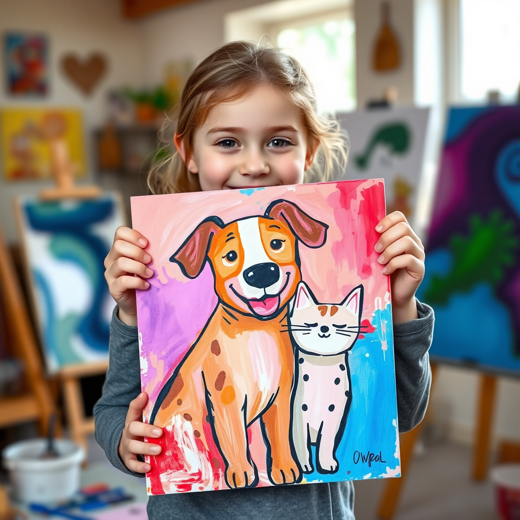 Girl with painting of dog and cat