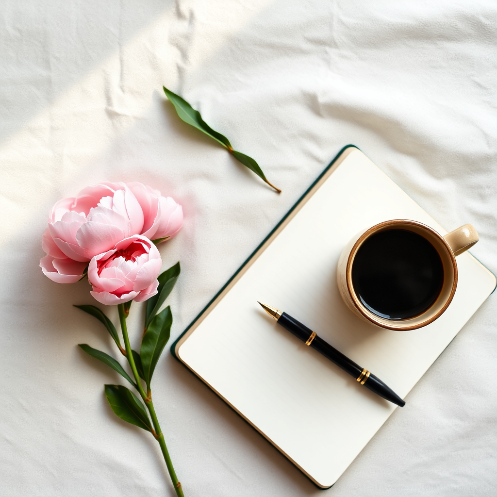 Elegant coffee mug and notebook flat lay