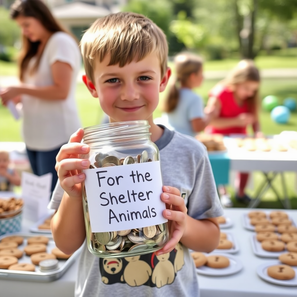 Boy with donation jar at bake sale