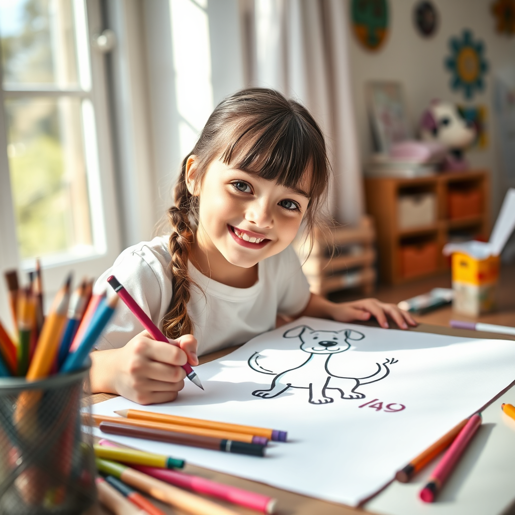 Girl drawing cartoon dog