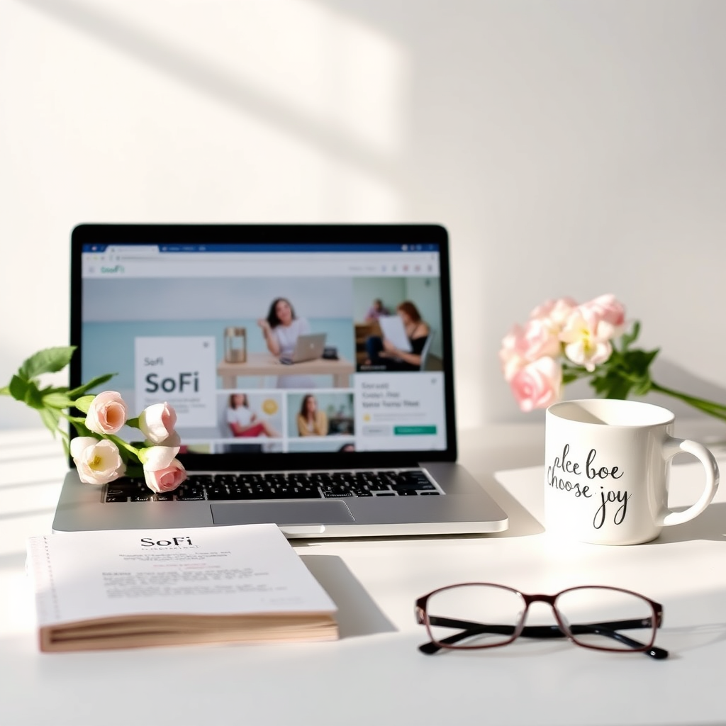 SoFi app on a laptop with lifestyle elements on a desk
