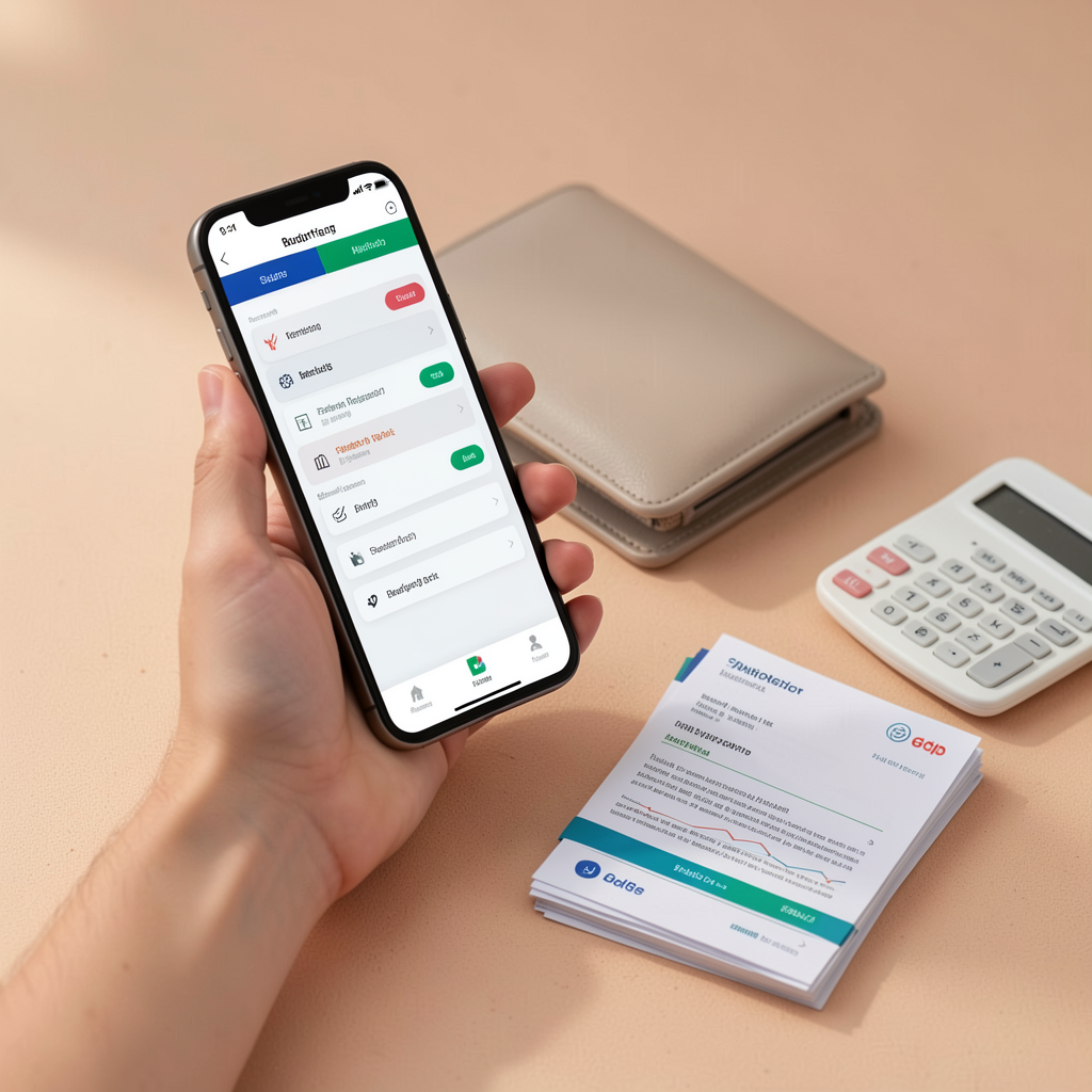 Personal finance app on a phone with wallet and documents.