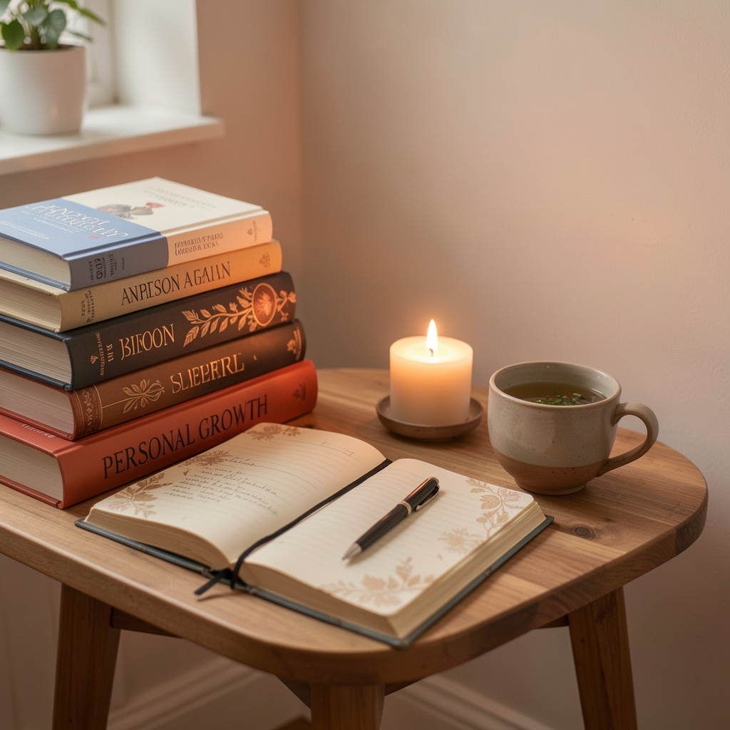 Books, journal, candle, and tea for wellness.