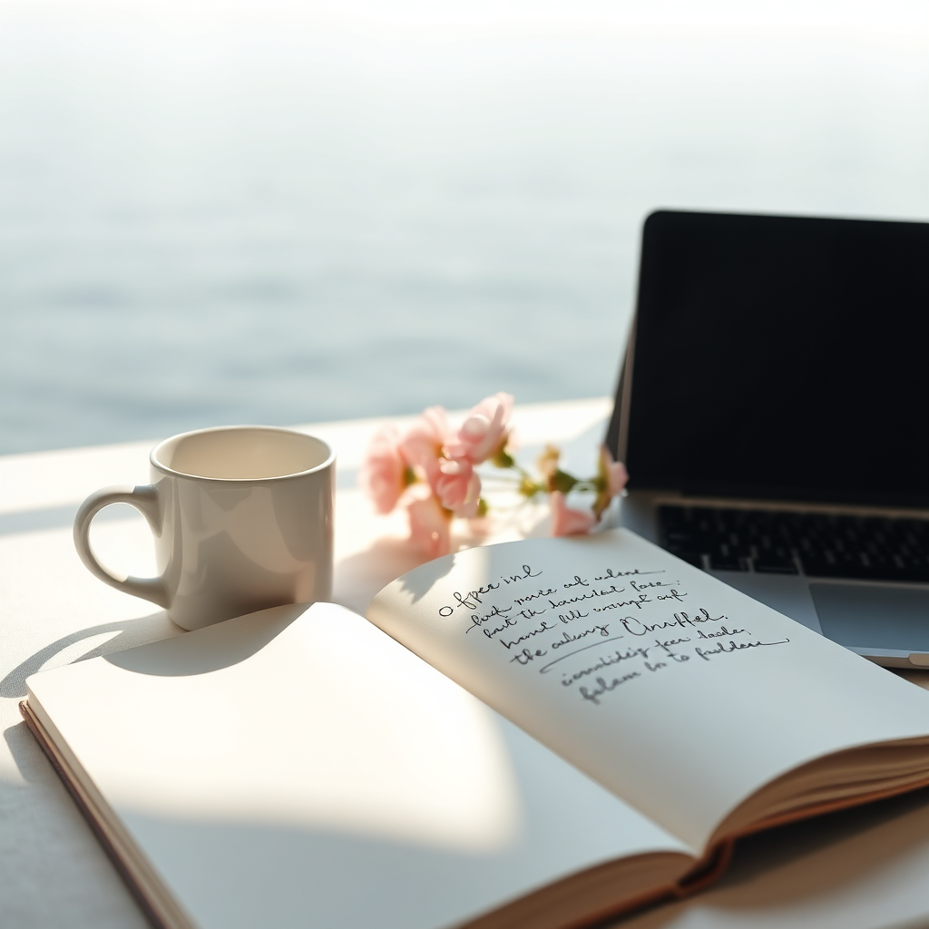 Coastal lifestyle scene with coffee, notebook, and ocean view