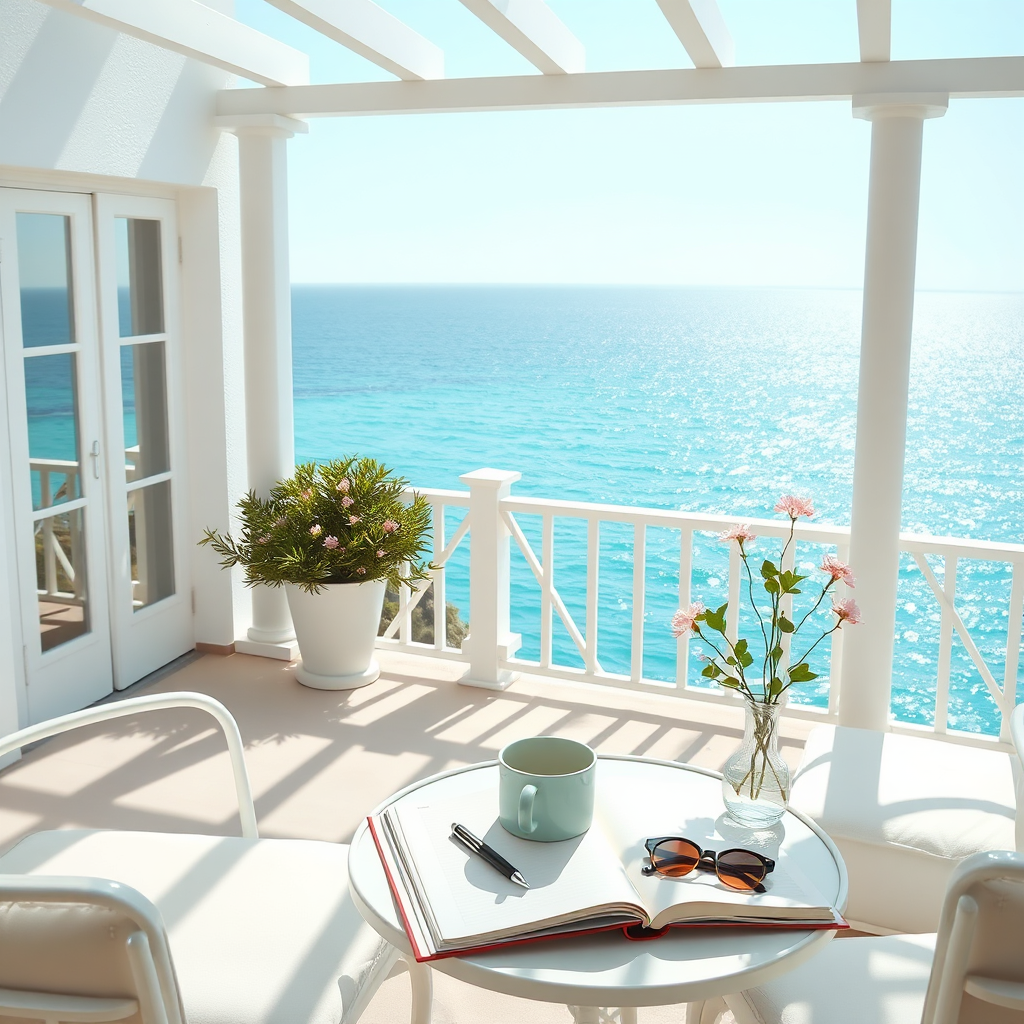Serene coastal patio overlooking the ocean at sunrise