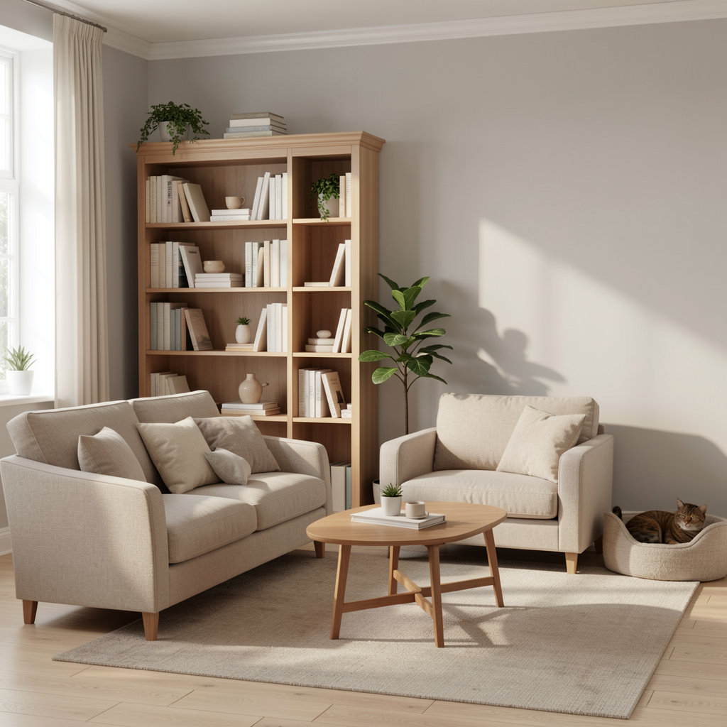 Calm and organized living space.