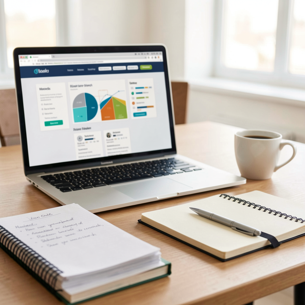Organized workspace with laptop and notebook for business planning.