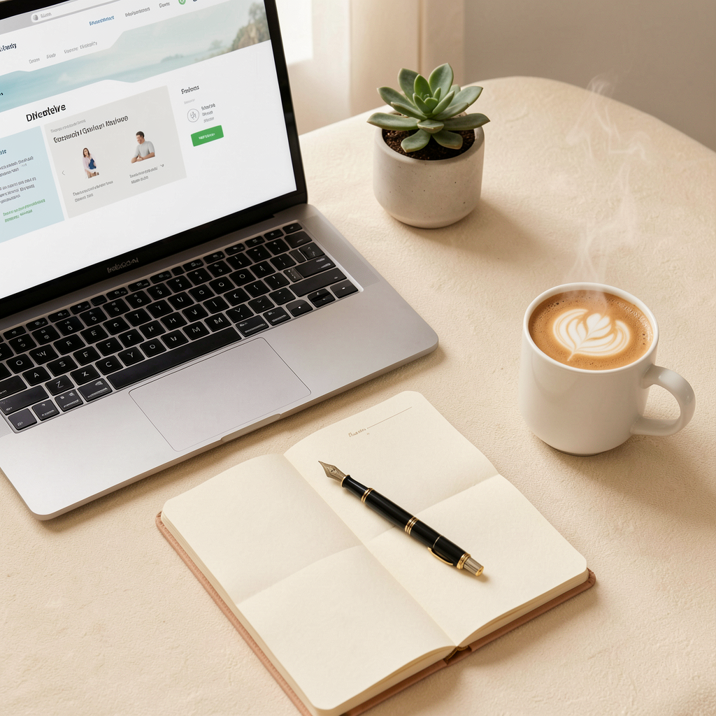 Editorial flat lay of a laptop, notebook, plant, and coffee.