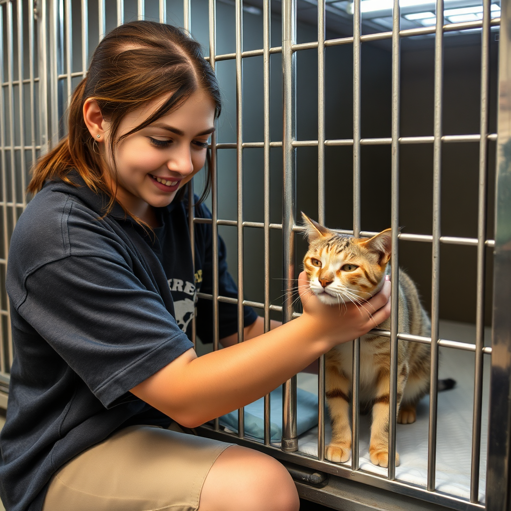 Teen volunteer cleaning cat cage