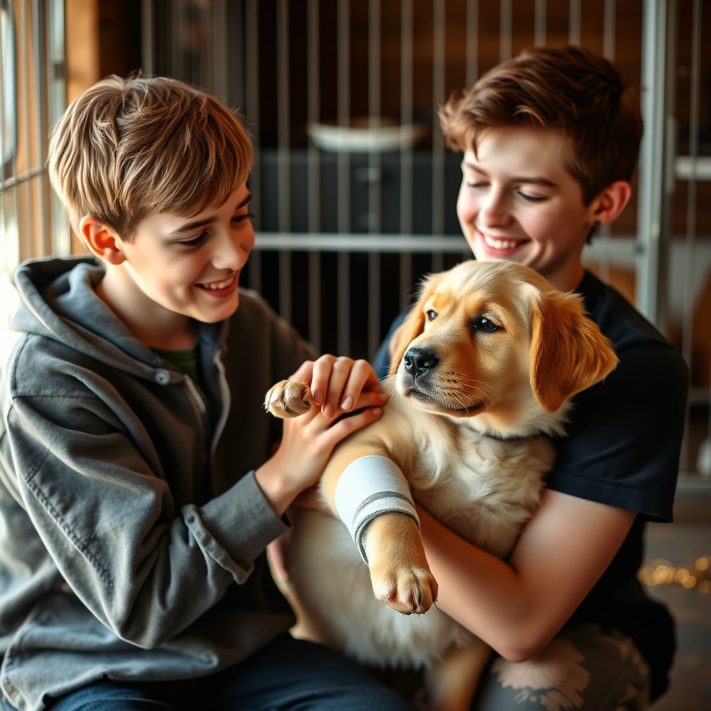 Boy petting rescued puppy